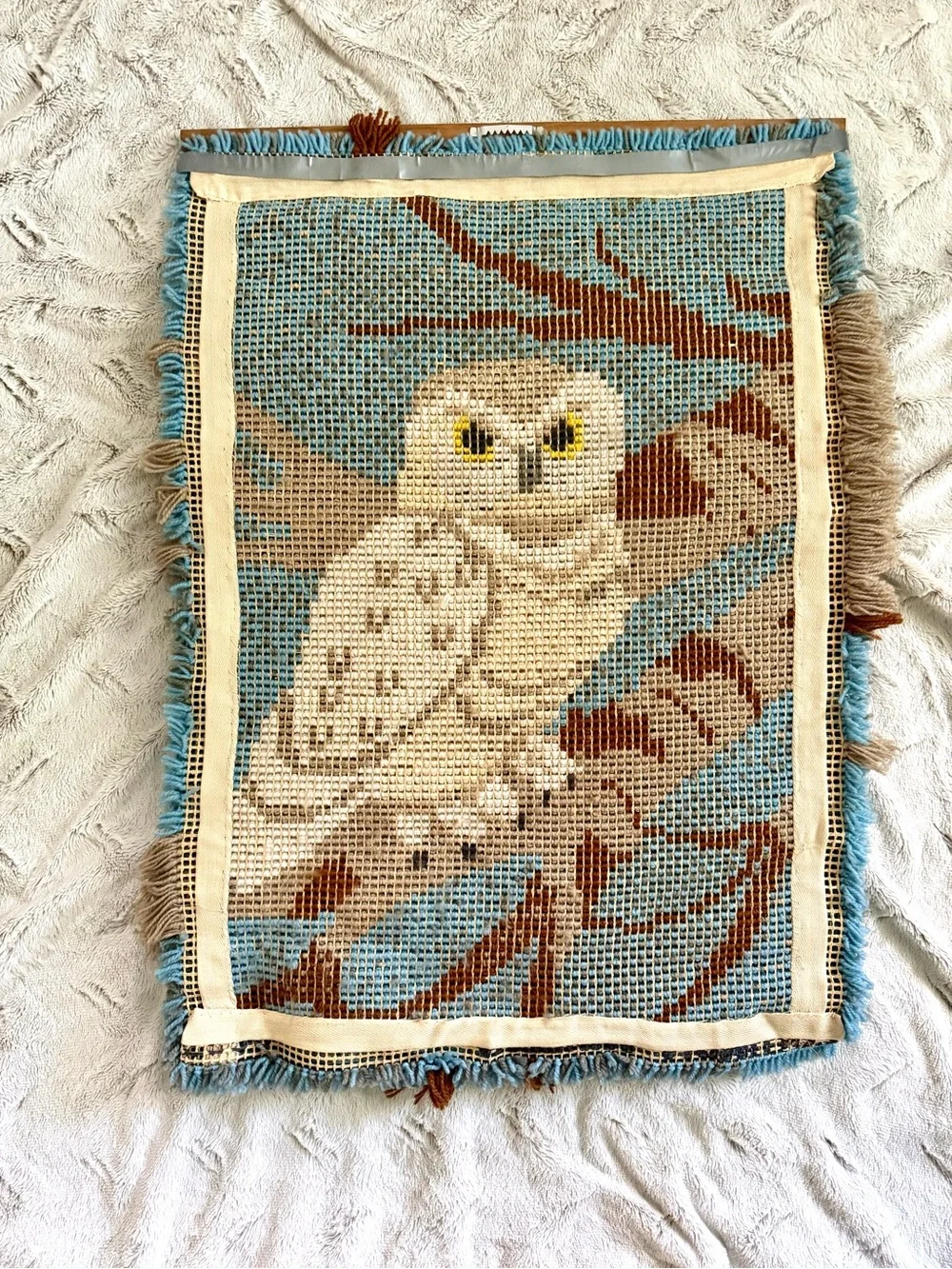 Handmade Shag Owl Wall Hanging - Blue, Cream & Brown